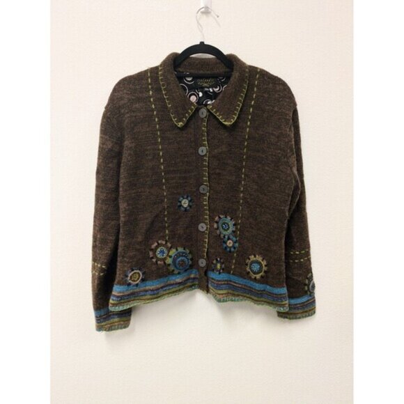 Vintage Icelandic Design Mohair Wool Alpaca Floral Crochet Sweater Cardigan sz L - Picture 1 of 13